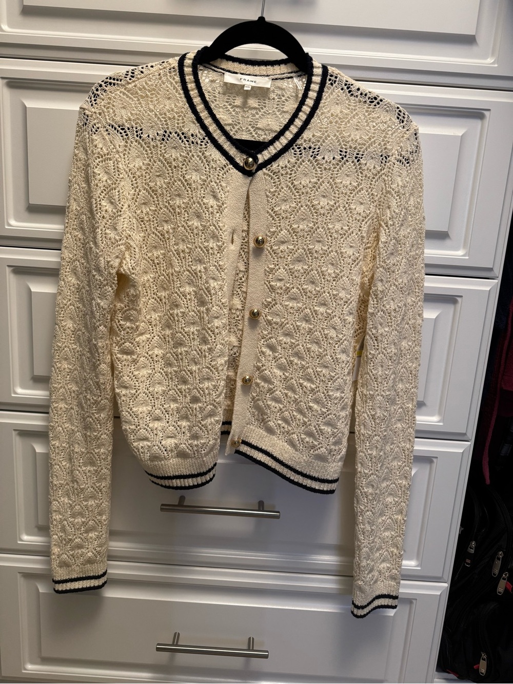 Frame Denim Cream Knit Cardigan with Navy Trim and Gold Buttons